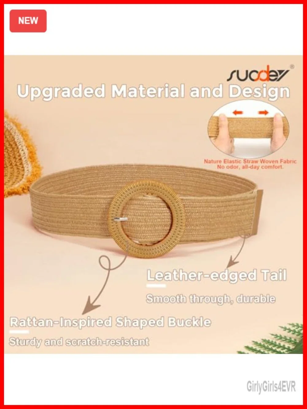 Wide Boho Braided Elastic Straw Belt with Round Buckle
